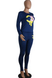 Blue Active Solid Two Piece Suits Print Patchwork pencil Long Sleeve
