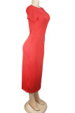 Cyan Fashion Casual White Red Black Orange Yellow Cyan Cap Sleeve Short Sleeves O neck Pencil Dress Mid-Calf Solid Dresses