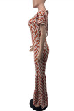 Pink Fashion Casual Print Basic V Neck Regular Jumpsuits