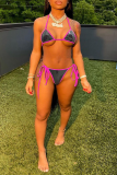 Blue Sexy Sweet Patchwork Draw String Swimwears