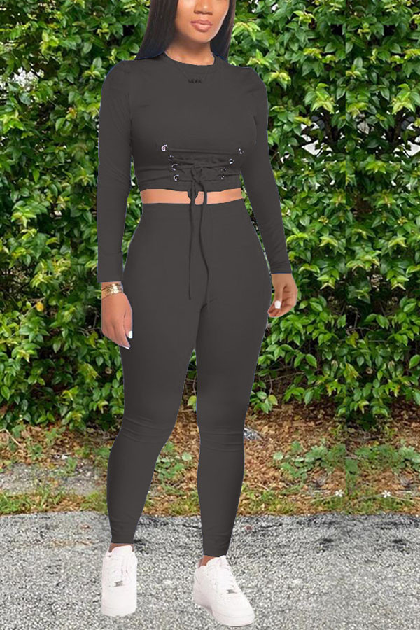 Black Casual Solid Straight Long Sleeve Two Pieces