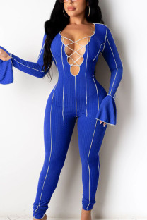 Blue Sexy Solid Bandage Patchwork O Neck Jumpsuits