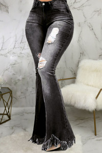Black Broken Holes Flared Denim