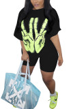 Black Fashion Casual adult Ma'am Print Two Piece Suits pencil Half Sleeve Two Pieces