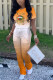 Orange Fashion Casual adult Ma'am O Neck Print Two Piece Suits Lips Print Pattern Plus Size