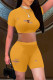 Orange Fashion Casual Solid Ripped Hollowed Out O Neck Short Sleeve Two Pieces