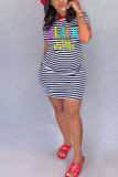 Green Casual Red Green Short Sleeves O neck Step Skirt Mini Striped Print Dresses