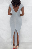 Grey Sexy Solid Patchwork Backless Slit Zipper V Neck Pencil Skirt Dresses