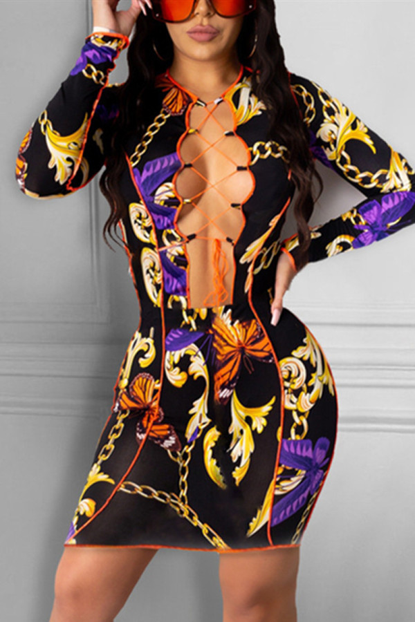 Black Fashion Sexy Print Hollowed Out V Neck Long Sleeve Dress