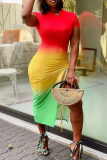 Red Casual Patchwork Tie-dye High Opening O Neck Irregular Dress Dresses