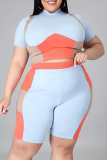 Black Sexy Color Block Patchwork Half A Turtleneck Plus Size Two Pieces