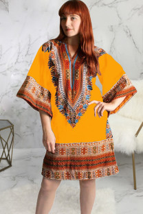 Yellow Health cloth Sexy Bat sleeve 3/4 Length Sleeves V Neck Princess Dress Knee-Length Broken flowers Pat