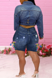 Deep Blue Casual Patchwork Ripped Skinny Mid Waist Pencil Patchwork Plus Size Denim Shorts