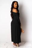 Black adult Casual Fashion Two Piece Suits Solid A-line skirt Long Sleeve Two-Piece Dress