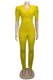 Yellow Fashion Light Solid Draped Patchwork Half Sleeve V Neck Jumpsuits