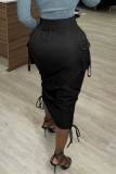 Black Sweet Solid Bandage Pocket Skinny Bottoms