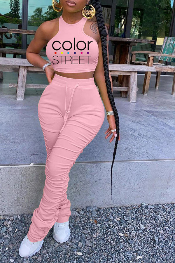 Pink Milk Silk Active Letter Print Solid Straight Short Sleeve Two Pieces