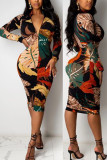 Red Fashion Casual Print Basic Zipper Collar Printed Dress