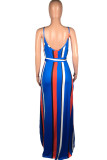 Blue Fashion Street White Blue Orange Yellow Light Blue Dark Blue Spaghetti Strap Sleeveless Slip Swagger Floor-Length Striped Print Dresses