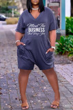 Deep Blue Fashion Casual Letter Print Basic V Neck Regular Romper