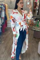 White V Neck Long Sleeve Print Bandage Long Sleeve Tops