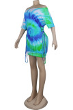 Green Fashion Sexy Patchwork Print bandage One word collar Hip skirt Dresses
