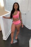 Pink Sexy Fashion Zippered Solid Two Piece Suits asymmetrical Slim fit crop top Skinny Sleevele