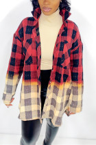Red Fashion Casual Plaid Print Cardigan Turndown Collar Outerwear