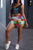 Pink Fashion Casual Print Basic One Shoulder Sleeveless Two Pieces