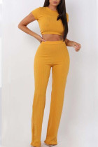 Yellow Casual Solid Patchwork O Neck Short Sleeve Two Pieces