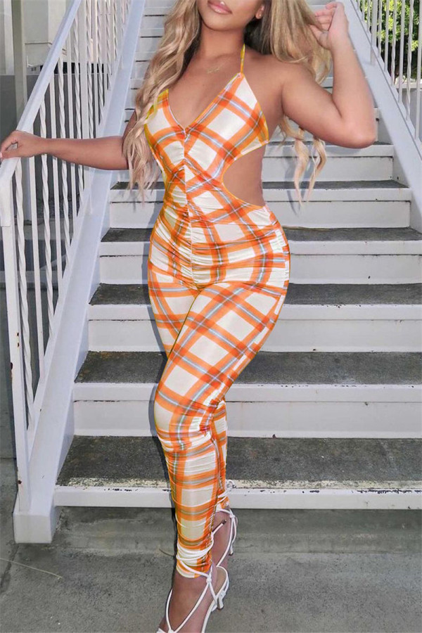 Orange Fashion Sexy Plaid Print Backless Strap Design V Neck Skinny Jumpsuits