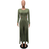 Army Green Elastic Fly Mid Hooded Out Split Skinny shorts Two-piece suit