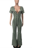 Pink Fashion Casual Print Basic V Neck Regular Jumpsuits