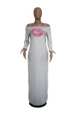 Black Casual Off The Shoulder 3/4 Length Sleeves One word collar Straight Ankle-Length Print Casual Dress