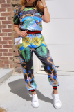 Green Casual Print Patchwork O Neck Short Sleeve Two Pieces