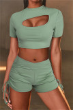 Blue Casual Sportswear Solid Hollowed Out Draw String O Neck Short Sleeve Two Pieces