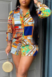 Multi-color Casual Print Patchwork Buckle Turndown Collar Tops