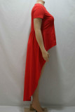Red Fashion Sexy adult Ma'am Turndown Collar Patchwork Solid asymmetrical Stitching Plus Size