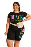 Black Fashion Casual adult O Neck Letter Patchwork Print Two Piece Suits Stitching Plus Size