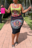 Blue Print Patchwork Square Collar Sleeveless Two Pieces