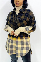 Green Fashion Casual Plaid Print Cardigan Turndown Collar Outerwear