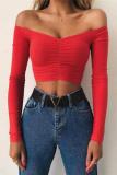 Red One word collar Long Sleeve Solid Slim fit Patchwork crop top 