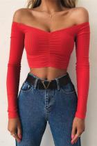 Red One word collar Long Sleeve Solid Slim fit Patchwork crop top 