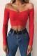 Red One word collar Long Sleeve Solid Slim fit Patchwork crop top 