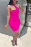 Rose Red Sexy Solid Patchwork One Shoulder Pencil Skirt Dresses
