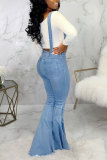 Light Blue Dark Blue Denim Bib pants Sleeveless High Patchwork Solid Hole Boot Cut Pants Bottoms