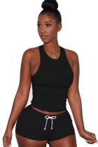 Black knit Sexy Patchwork Two Piece Suits Solid Straight Sleeveless Two-Piece Short Set