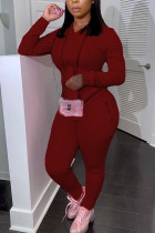 Wine Red Fashion Casual Adult Solid Pocket Hooded Collar Long Sleeve Regular Sleeve Regular Two Pieces