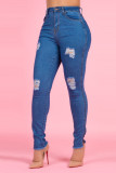 Blue Denim Zipper Fly Sleeveless Mid Hole Patchwork Beading Solid Old pencil Pants Pants