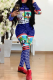 Blue Sexy Fashion Print zipper letter Long Sleeve O Neck 
